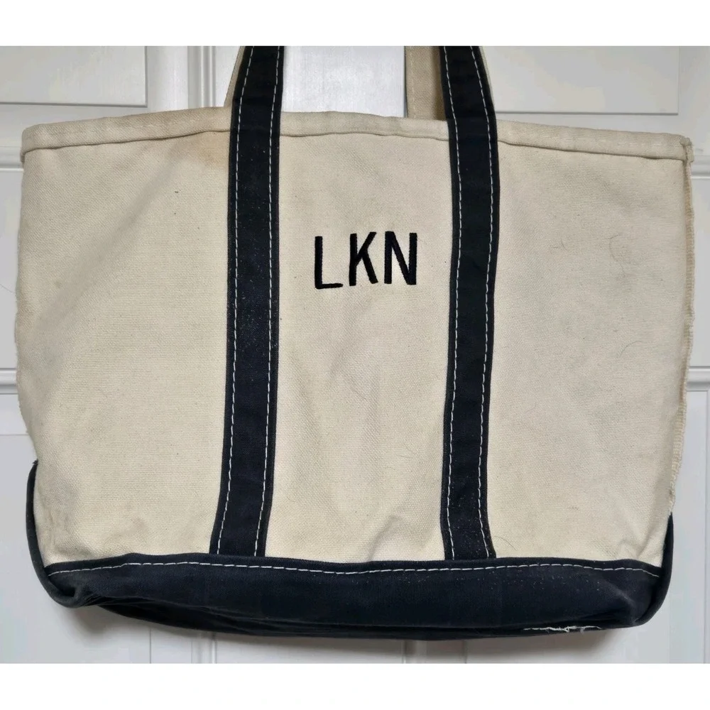 Vtg Sawtooth LL Bean Boat & Tote Bag Navy Blue White Canvas 17